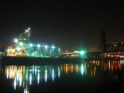 Grain Elevators, Ship, Steel Bridge at Night
